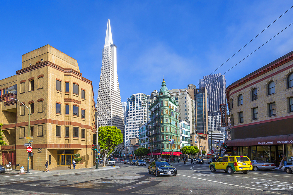 View of Transamerica Pyramid building on Columbus Avenue, Downtown, San Francisco, California, United States of America, North America