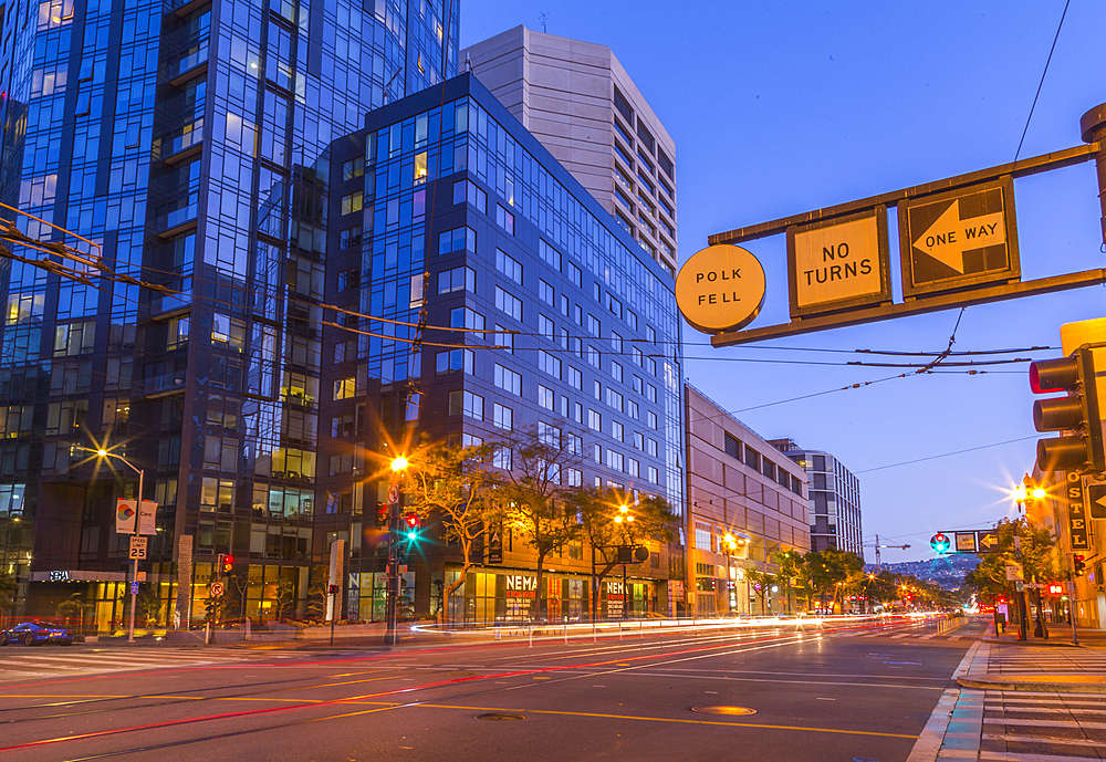 View of Market Street at dusk, San Francisco, California, United States of America, North America