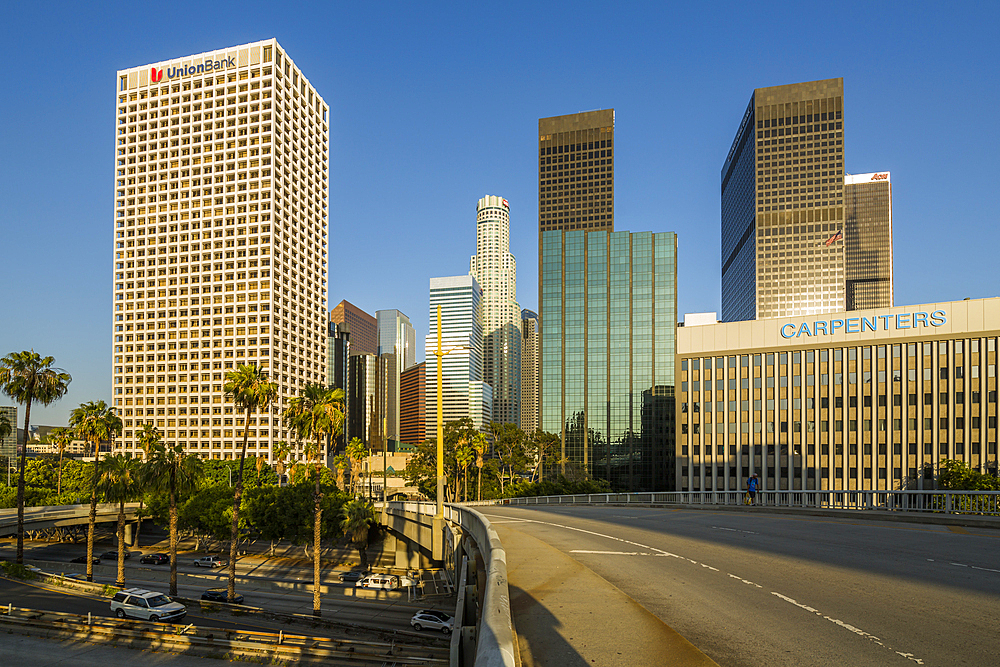 View of Downtown skyline during golden hour, Los Angeles, California, United States of America, North America