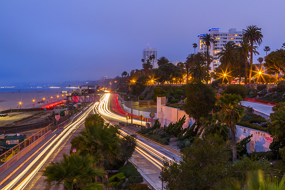 View of Pacific Coastal Highway at dusk, Santa Monica, Los Angeles, California, United States of America, North America