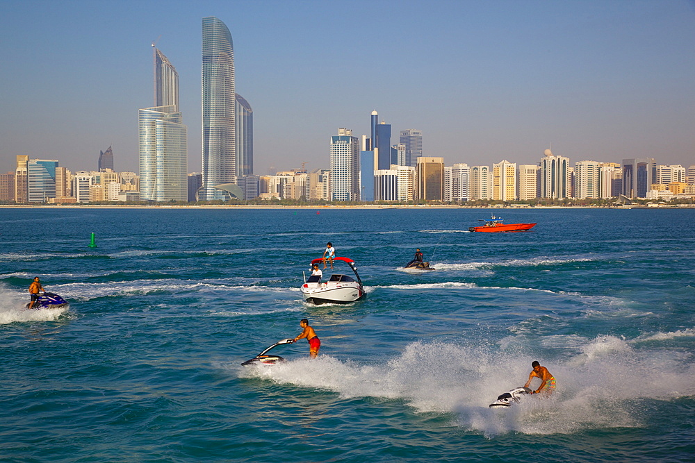 View of city from Marina and Jet ski Water sport, Abu Dhabi, United Arab Emirates, Middle East