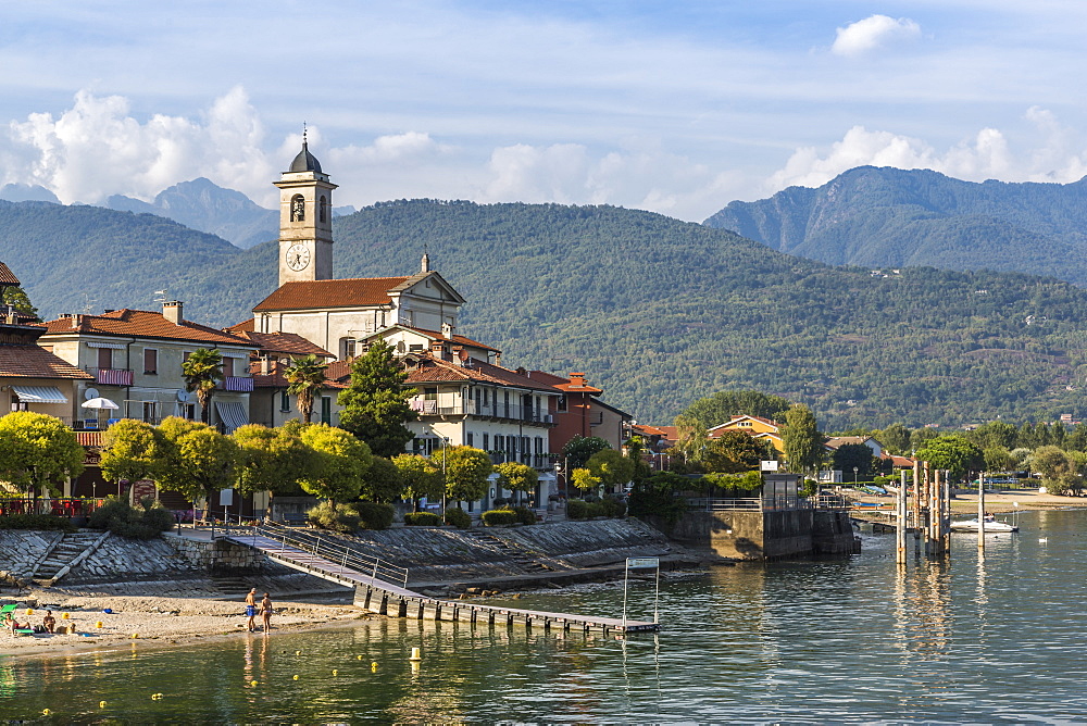 View of Feriolo town and church bell tower on Lake Maggiore, Lago Maggiore, Piedmont, Italian Lakes, Italy, Europe