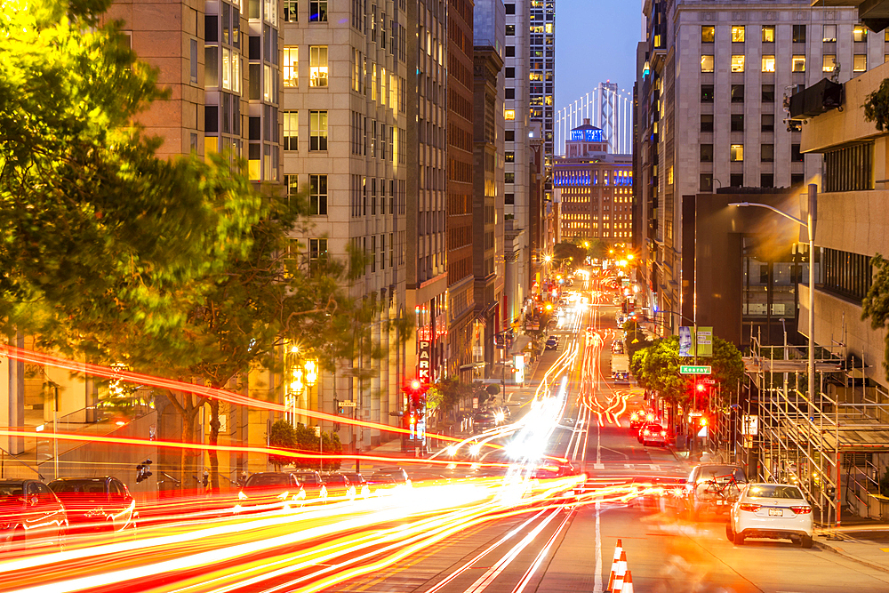 View of California Street and Oakland Bay Bridge at dusk, San Francisco, California, United States of America, North America