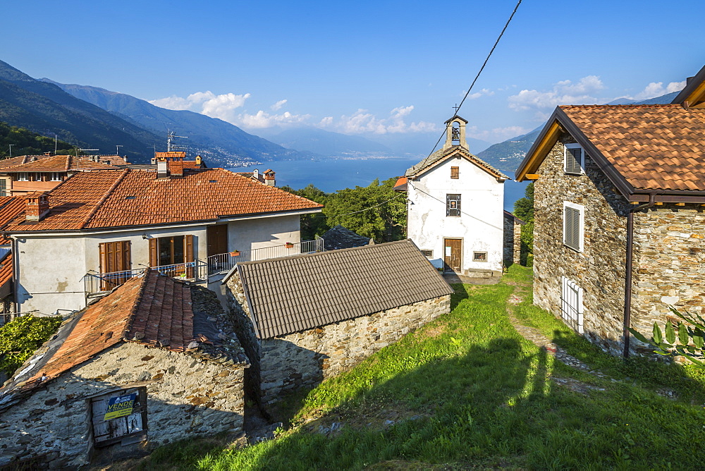 Elevated view of Lake Maggiore from hilltop village near Cannobio, Lake Maggiore, Piedmont, Italian Lakes, Italy, Europe