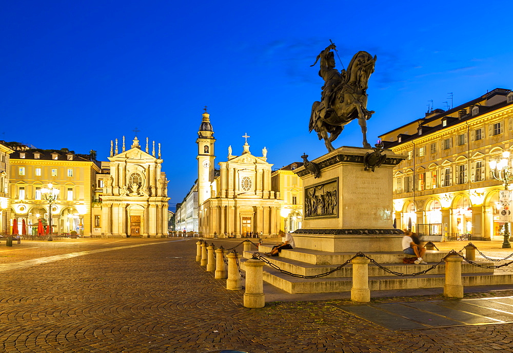 View of Emanuele Filiberto statue in Piazza San Carlo at night, Turin, Piedmont, Italy, Europe