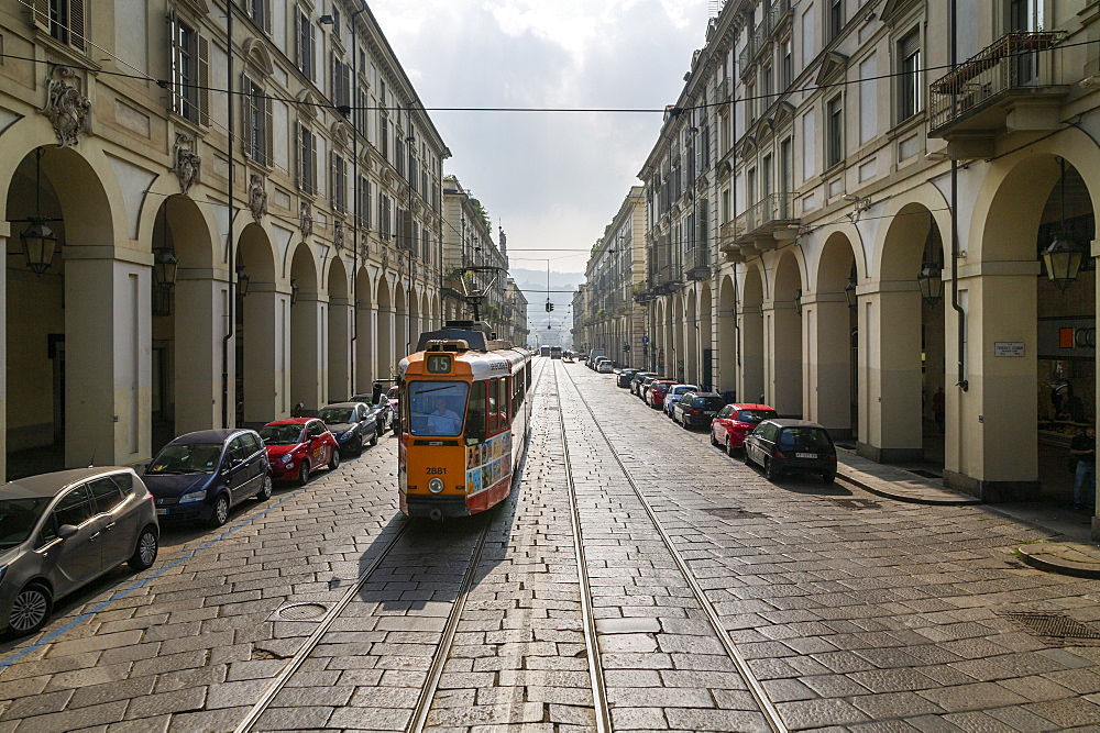 View of tram on Via Roma, Turin, Piedmont, Italy, Europe