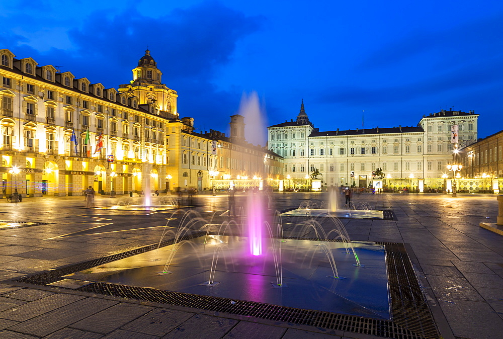 View of Piazza Castello surrounded by Palazzo Madama and Palazzo Reale at dusk, Turin, Piedmont, Italy, Europe