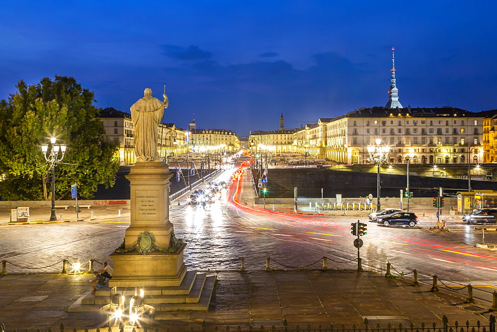 View of Pont Vittorio Emanuele from Church Gran Madre Di Dio at dusk, Turin, Piedmont, Italy, Europe