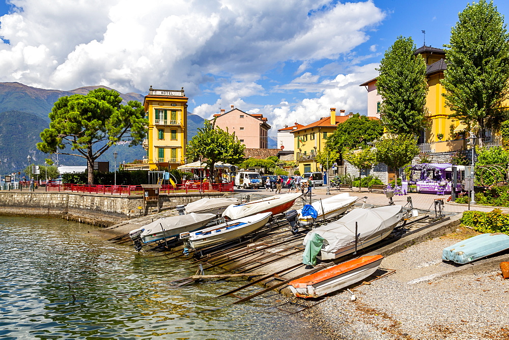 View of boats in harbour in Vezio, Province of Como, Lake Como, Lombardy, Italian Lakes, Italy, Europe