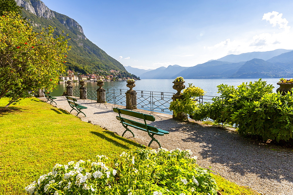 View of lake from Botanical Gardens in the village of Vezio, Province of Como, Lake Como, Lombardy, Italian Lakes, Italy, Europe