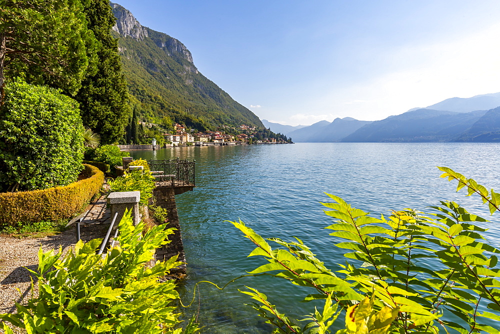 View of lake from Botanical Gardens in the village of Vezio, Province of Como, Lake Como, Lombardy, Italian Lakes, Italy, Europe