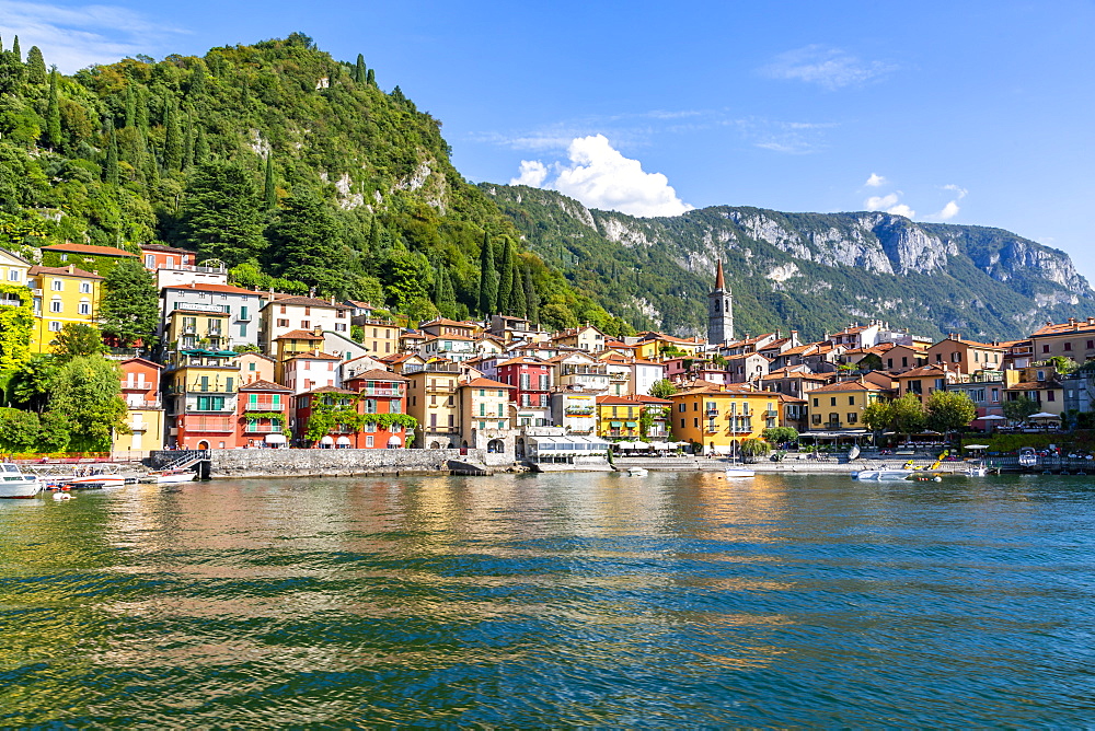 View of lake and village of Vezio, Province of Como, Lake Como, Lombardy, Italian Lakes, Italy, Europe