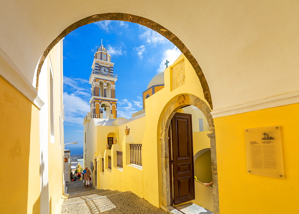 View of clock tower of Church Ag Loannis Baptistis, Fira, Santorini (Thira), Cyclades, Greek Islands, Greece, Europe