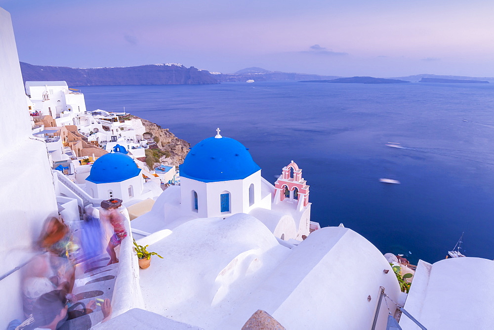 View of Oia village at dusk, Santorini, Cyclades, Aegean Islands, Greek Islands, Greece, Europe