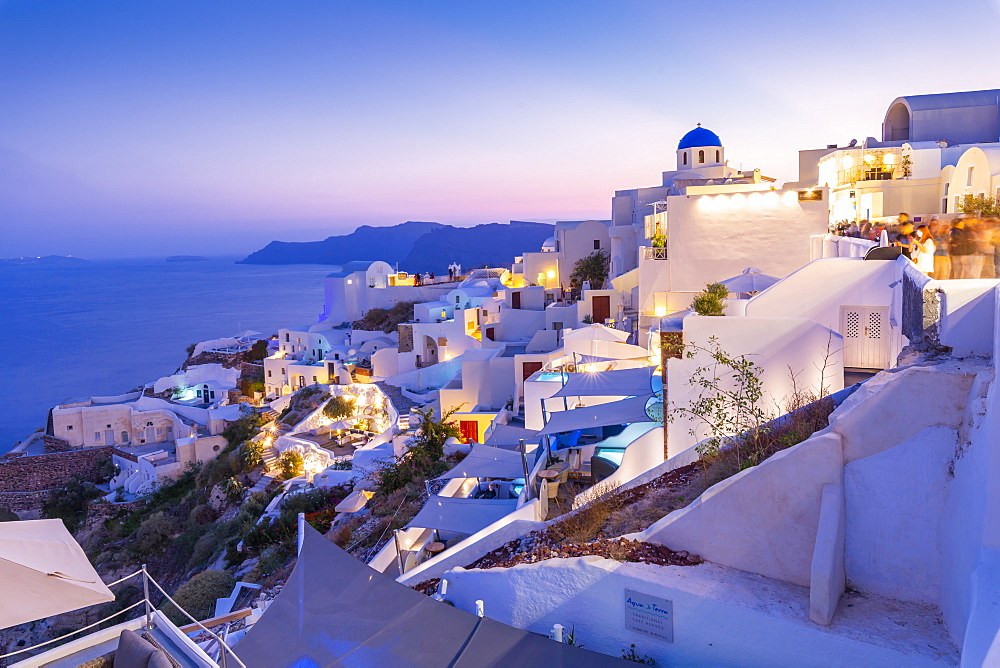 View of Oia village at dusk, Santorini, Cyclades, Aegean Islands, Greek Islands, Greece, Europe