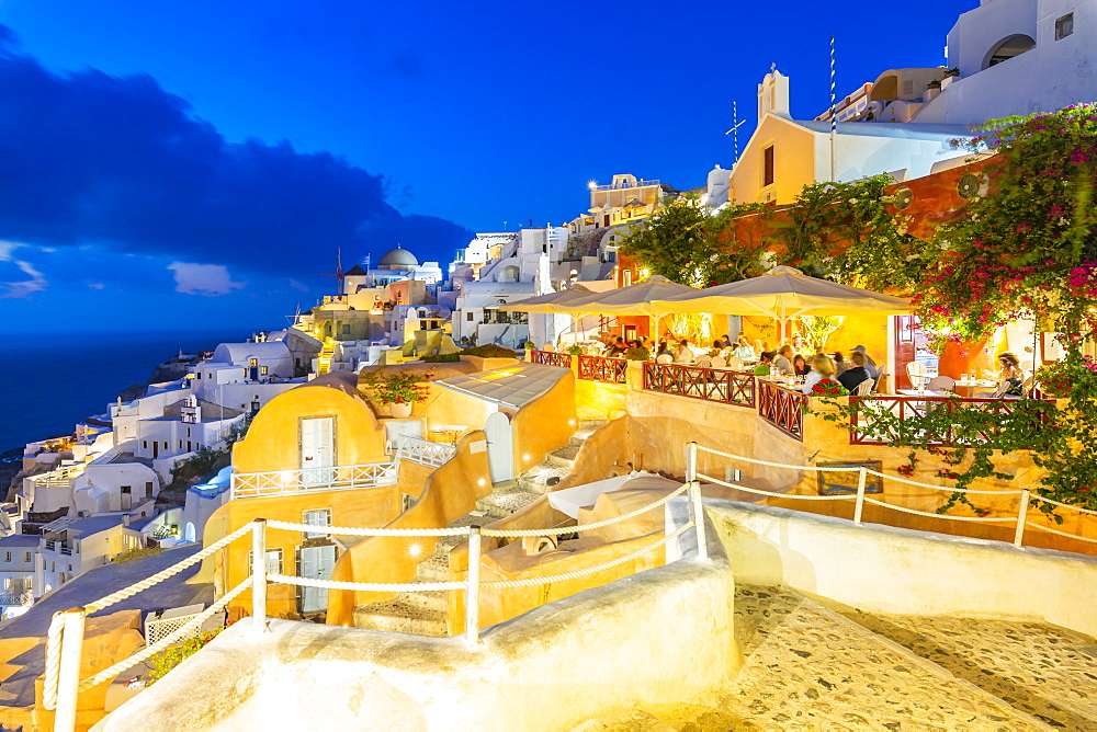 View of Oia village at dusk, Santorini, Cyclades, Aegean Islands, Greek Islands, Greece, Europe