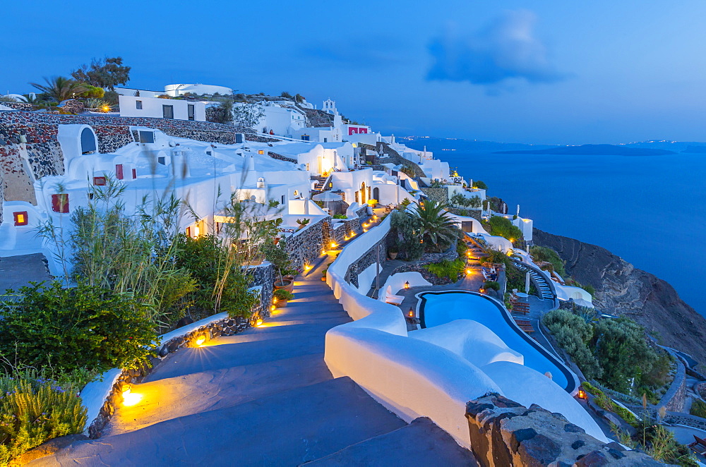 View of Oia village at dusk, Santorini, Cyclades, Aegean Islands, Greek Islands, Greece, Europe