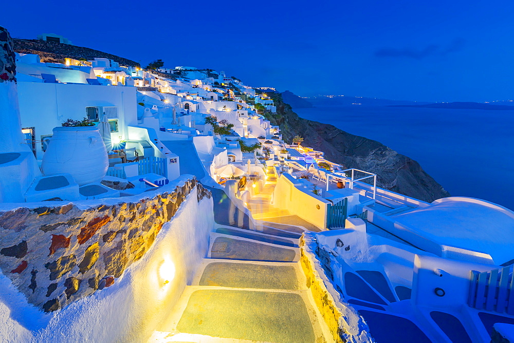 View of Oia village at dusk, Santorini, Cyclades, Aegean Islands, Greek Islands, Greece, Europe