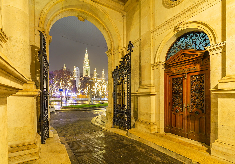 View of Rathaus from Burgtheater at night, Vienna, Austria, Europe