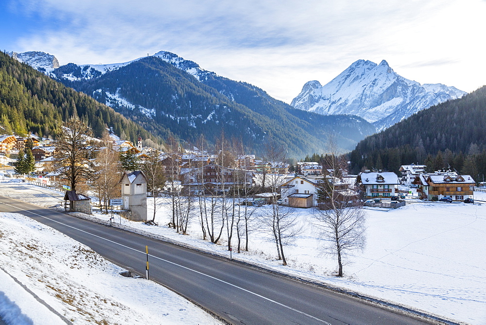 Landscape of Canazei during winter in Italy, Europe