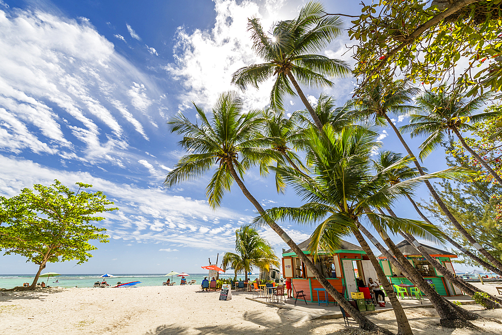View of palm tree fringed Worthing Beach, Barbados, West Indies, Caribbean, Central America