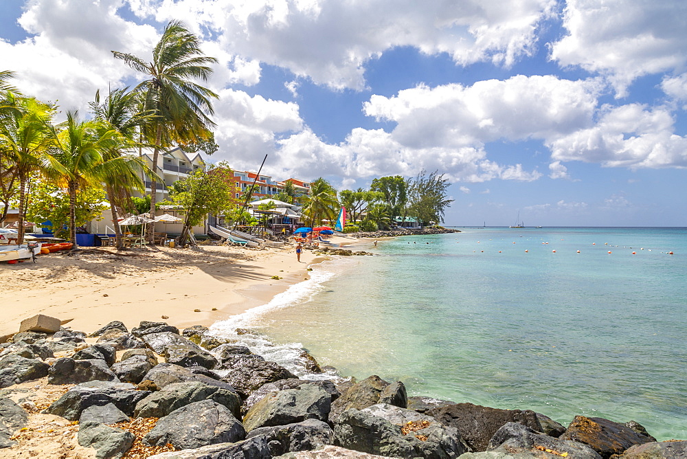 View of beach and Caribbean Sea at Holetown, Barbados, West Indies, Caribbean, Central America