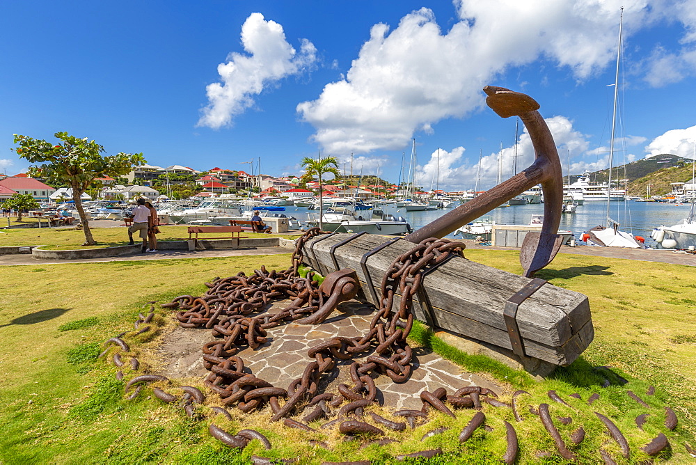 View of symbolic anchor next to the harbour, Gustavia, St. Barthelemy (St. Barts) (St. Barth), West Indies, Caribbean, Central America