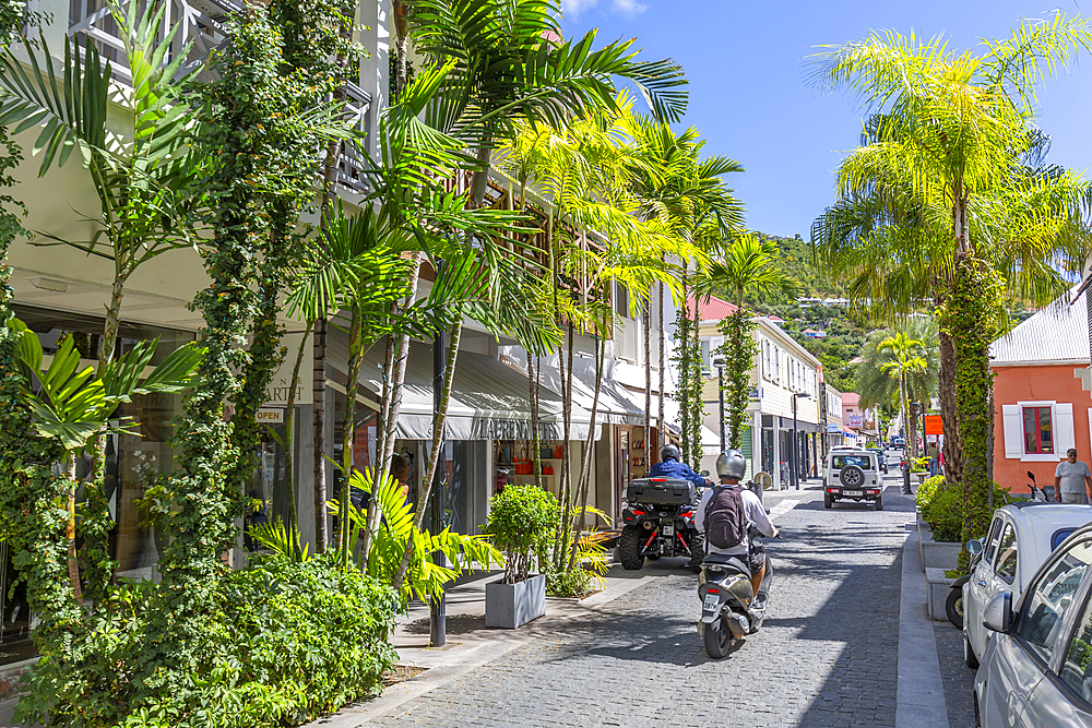 View of shops and buildings in town, Gustavia, St. Barthelemy (St. Barts) (St. Barth), West Indies, Caribbean, Central America