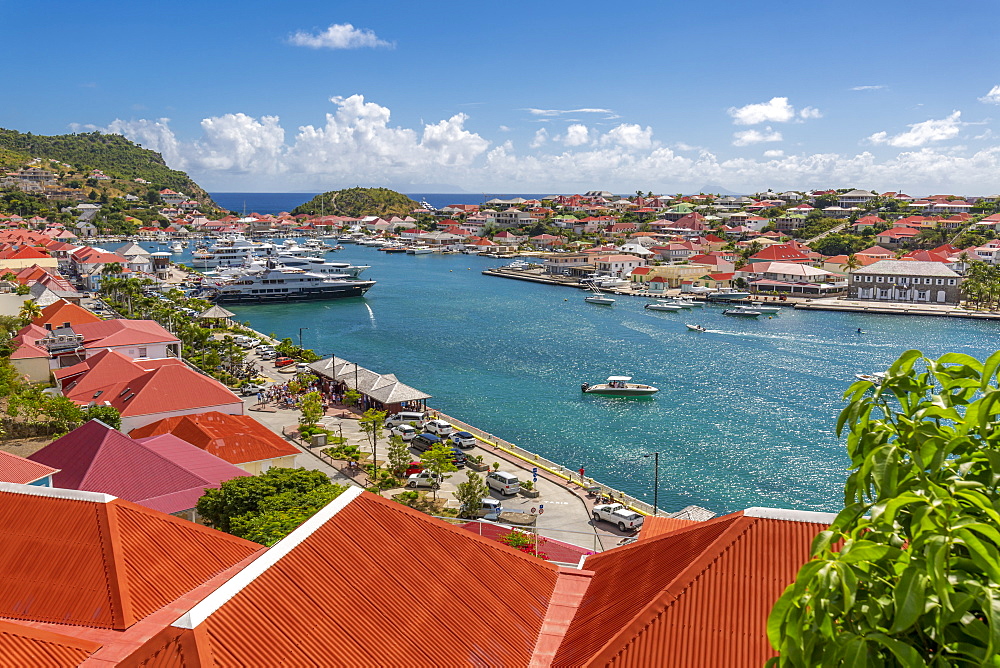 Elevated view of the harbour, Gustavia, St. Barthelemy (St. Barts) (St. Barth), West Indies, Caribbean, Central America