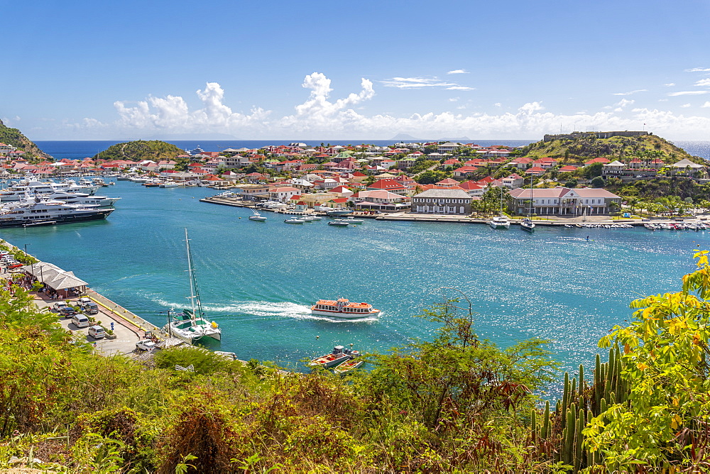 Elevated view of the harbour, Gustavia, St. Barthelemy (St. Barts) (St. Barth), West Indies, Caribbean, Central America