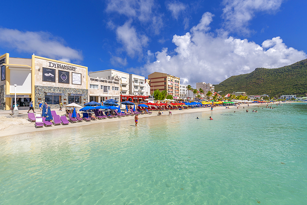View of beach and turquoise sea at Philipsburg, St. Maarten, Leeward Islands, West Indies, Caribbean, Central America