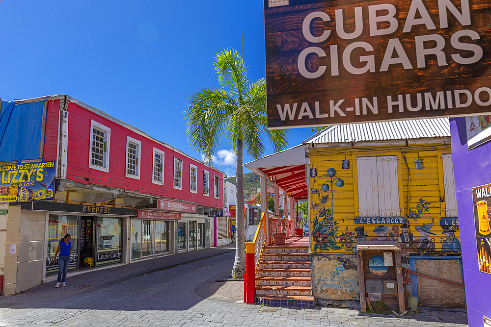 View of shops and buildings on Front Street, Philipsburg, St. Maarten, Leeward Islands, West Indies, Caribbean, Central America