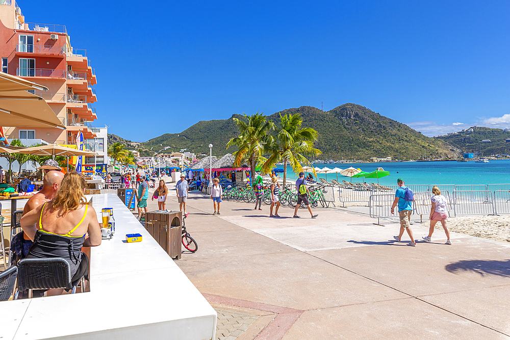 View of beach bar overlooking Caribbean Sea, Philipsburg, St. Maarten, Leeward Islands, West Indies, Caribbean, Central America