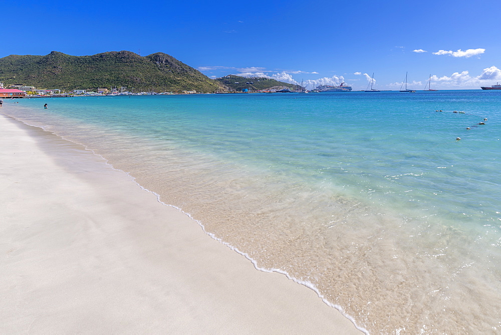 View of beach and Caribbean Sea, Philipsburg, St. Maarten, Leeward Islands, West Indies, Caribbean, Central America