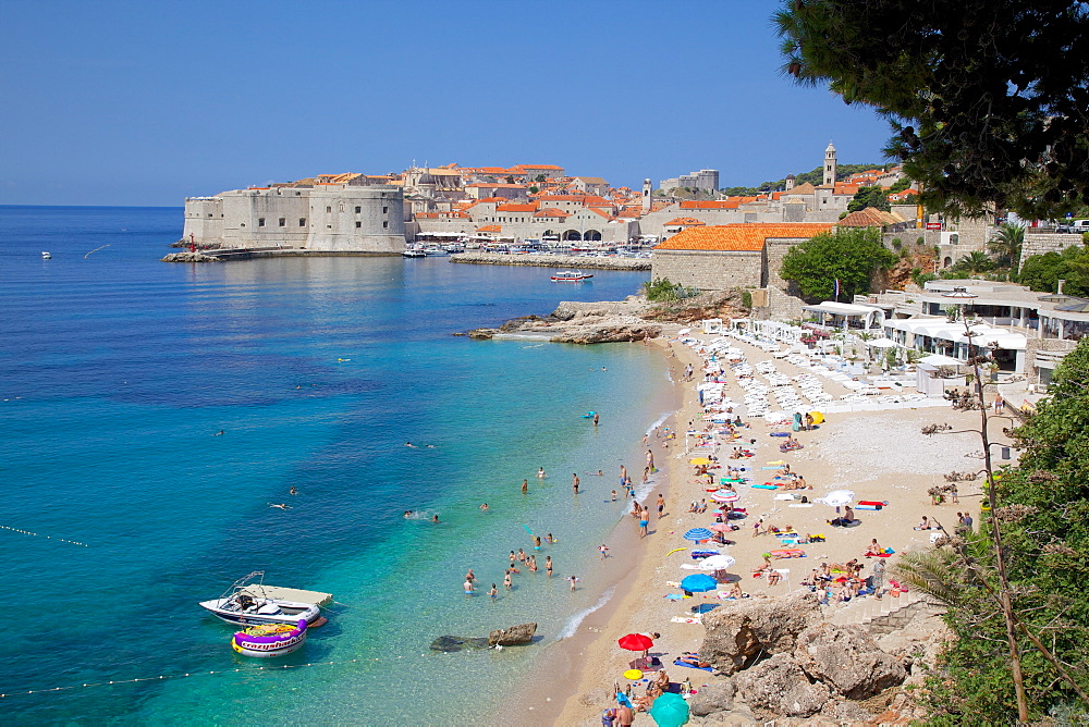 View of Old Town, UNESCO World Heritage Site, and Ploce Beach, Dubrovnik, Dalmatia, Croatia, Europe