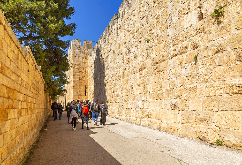 Tour group at Old City Wall, Old City, Old City, UNESCO World Heritage Site, Jerusalem, Israel, Middle East