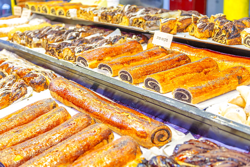 View of savoury items in Had veHalak Market on Ha Carmel Street, Tel Aviv, Israel, Middle East