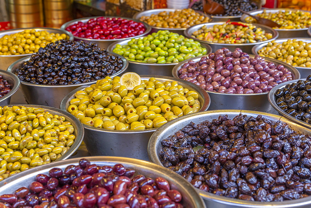 View of olives and beans on stall in Had veHalak Market on Ha Carmel Street, Tel Aviv, Israel, Middle East