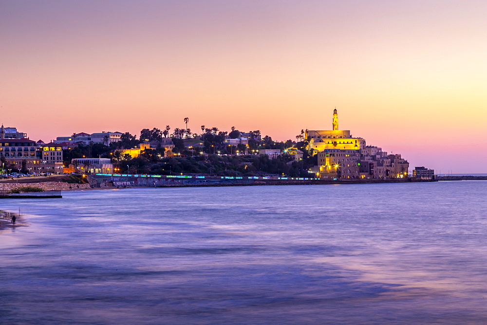 View of ancient Arabic seaport of Jaffa at dusk, Tel Aviv, Israel, Middle East