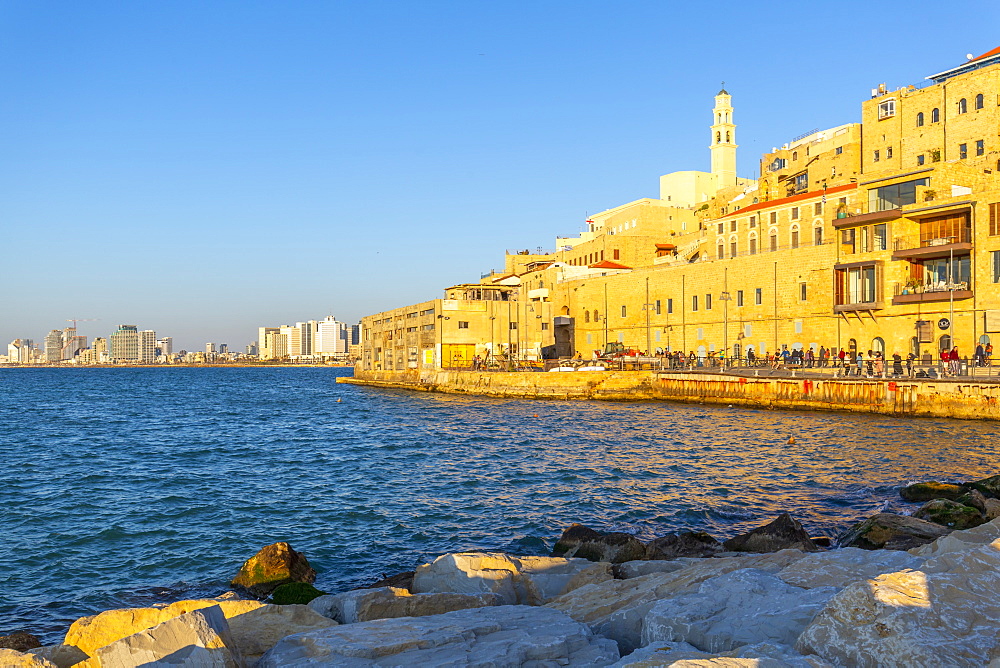 View of Jaffa Old Town and Tel Aviv at sunset, Tel Aviv, Israel, Middle East