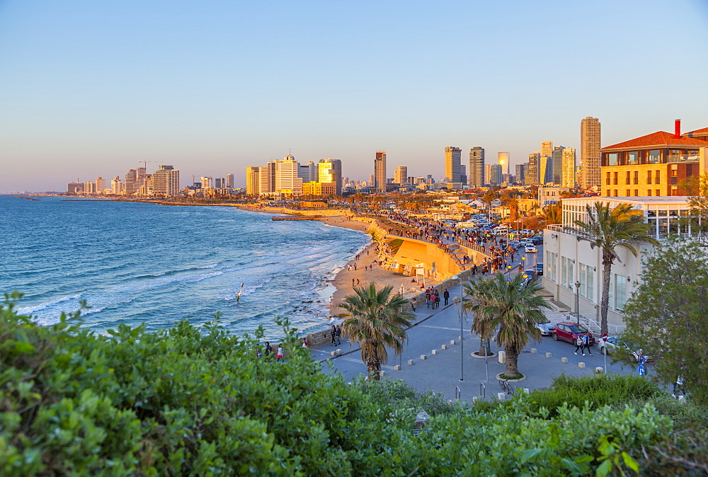 View of Tel Aviv from Jaffa Old Town at sunset, Tel Aviv, Israel, Middle East