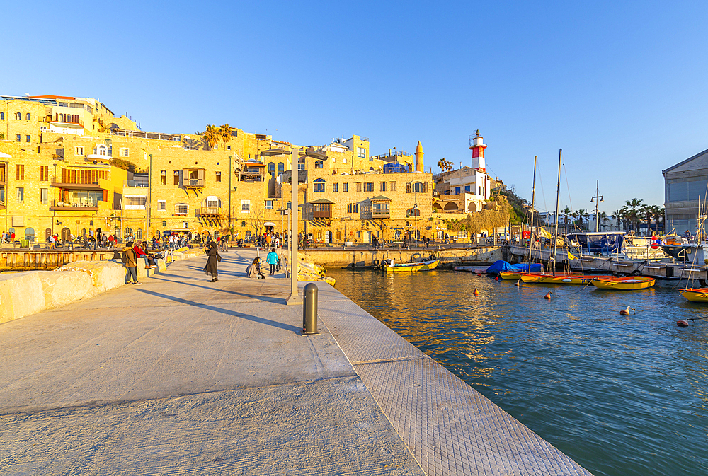 View of Jaffa Old Town harbour at sunset, Tel Aviv, Israel, Middle East