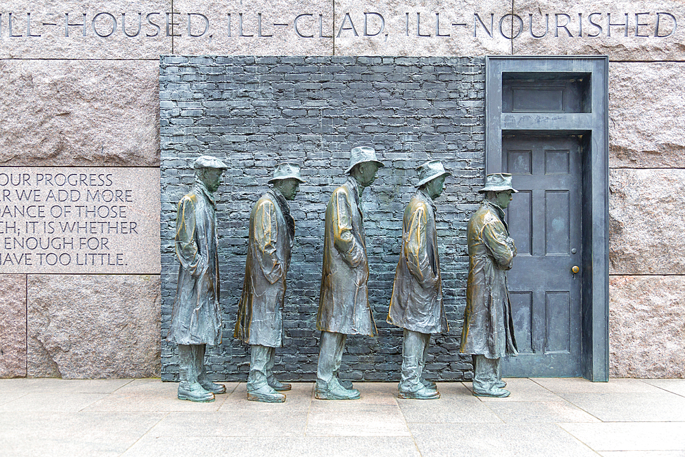 View of statue of a Great Depression bread line at the Franklin D. Roosevelt Memorial, Washington, D.C., United States of America, North America