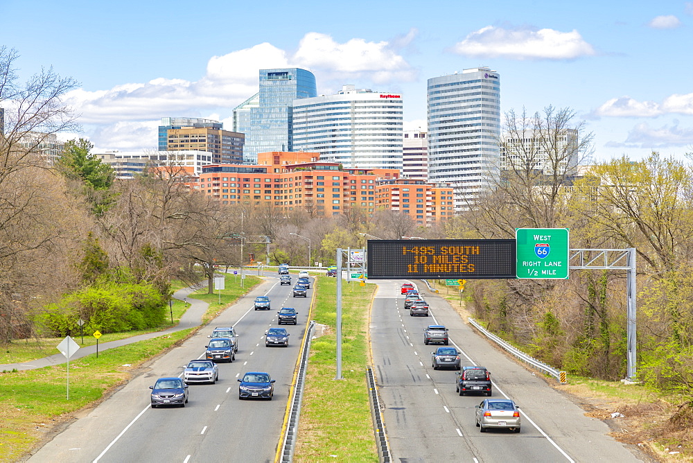 View of North Rosslyn skyline and traffic on Richmond Highway, Washington D.C., United States of America, North America