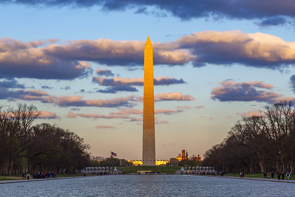 View of Lincoln Memorial Reflecting Pool and Washington Monument at sunset, Washington D.C., United States of America, North America