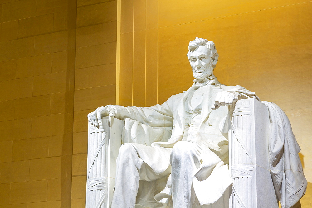 View of Lincoln statue in the Lincoln Memorial at night, Washington D.C., United States of America, North America