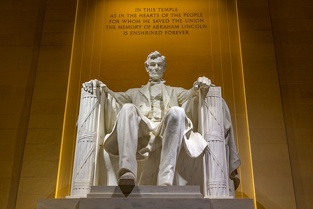 View of Lincoln statue in the Lincoln Memorial at night, Washington D.C., United States of America, North America