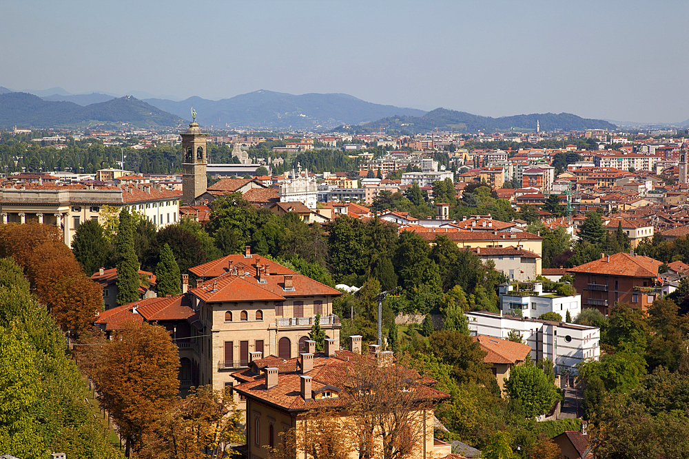 View of Lower Town from Upper Town, Bergamo, Lombardy, Italy, Europe