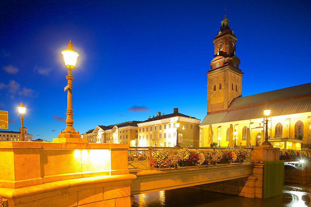 Bridge and church at night, Gothenburg, Sweden, Scandinavia, Europe