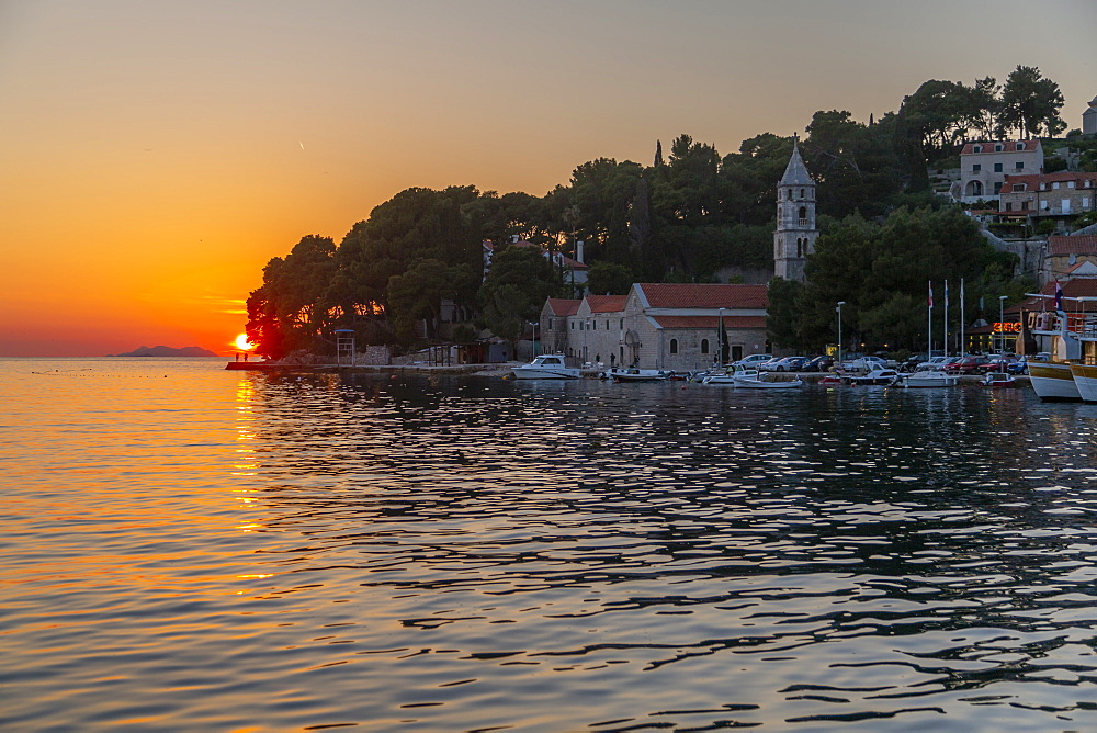 View of sunset in Cavtat on the Adriatic Sea, Cavtat, Dubrovnik Riviera, Croatia, Europe